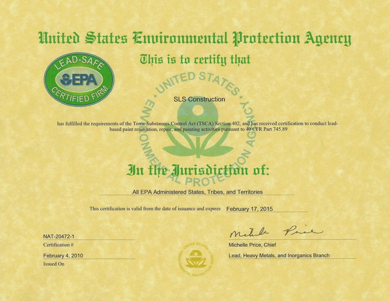 SLS Construction EPA RRP Firm Certificate